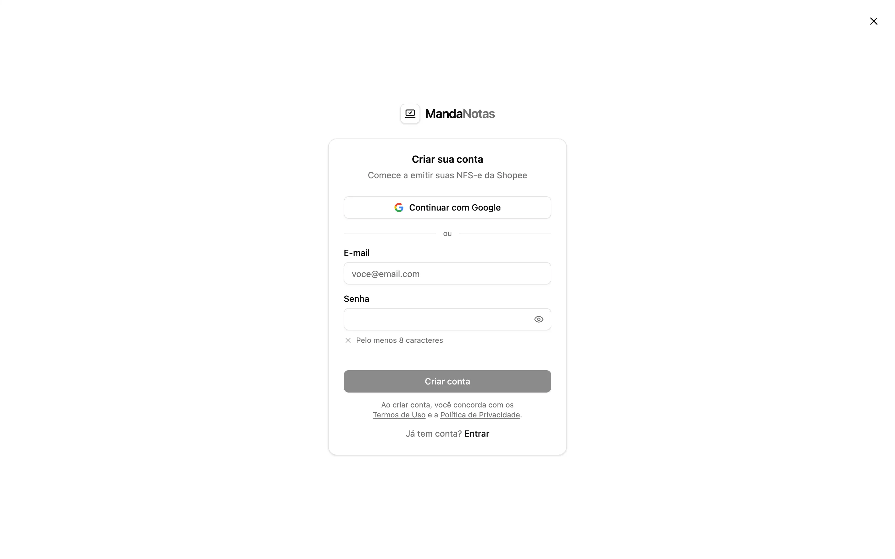 Tela Criar sua conta do MandaNotas, com as opções Continuar com Google ou e-mail e senha.