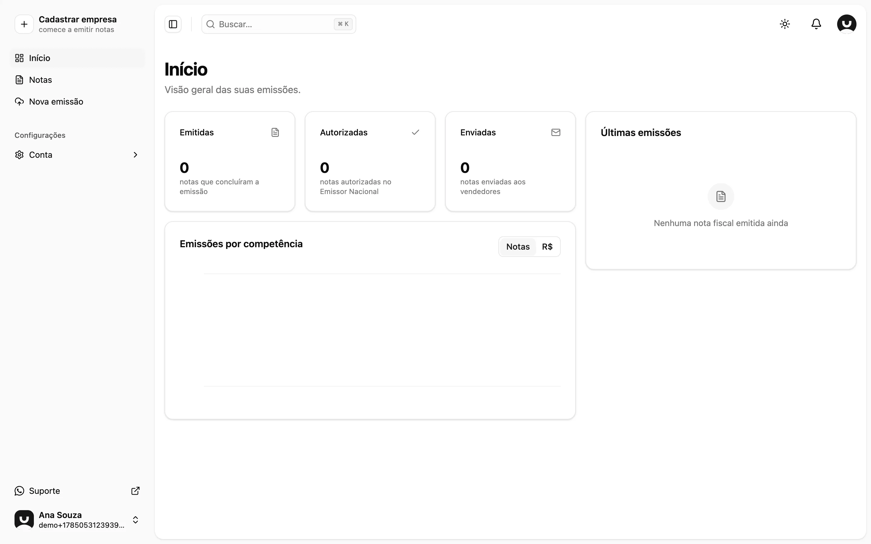 Painel do MandaNotas logo após criar a conta, com os contadores de notas zerados e o botão Cadastrar empresa no topo do menu lateral.