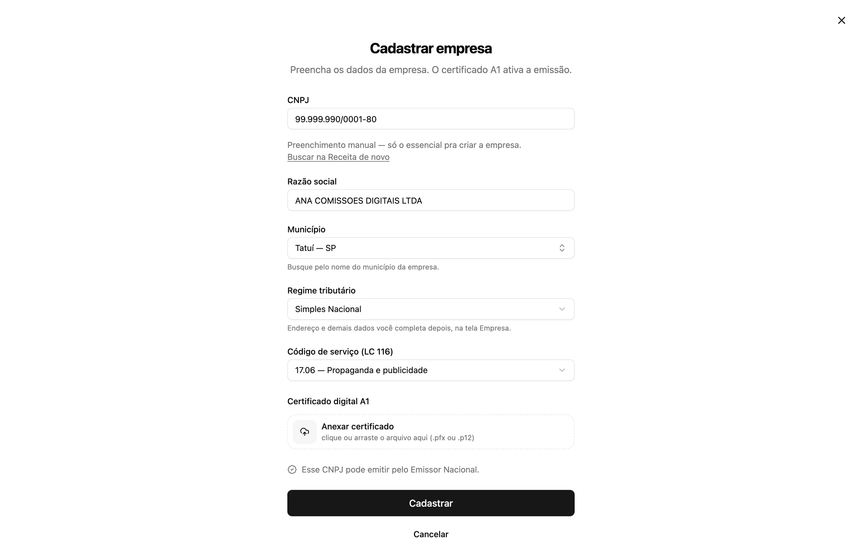 Formulário Cadastrar empresa preenchido com CNPJ, razão social, município, regime tributário e código de serviço, e a confirmação de que esse CNPJ pode emitir pelo Emissor Nacional.
