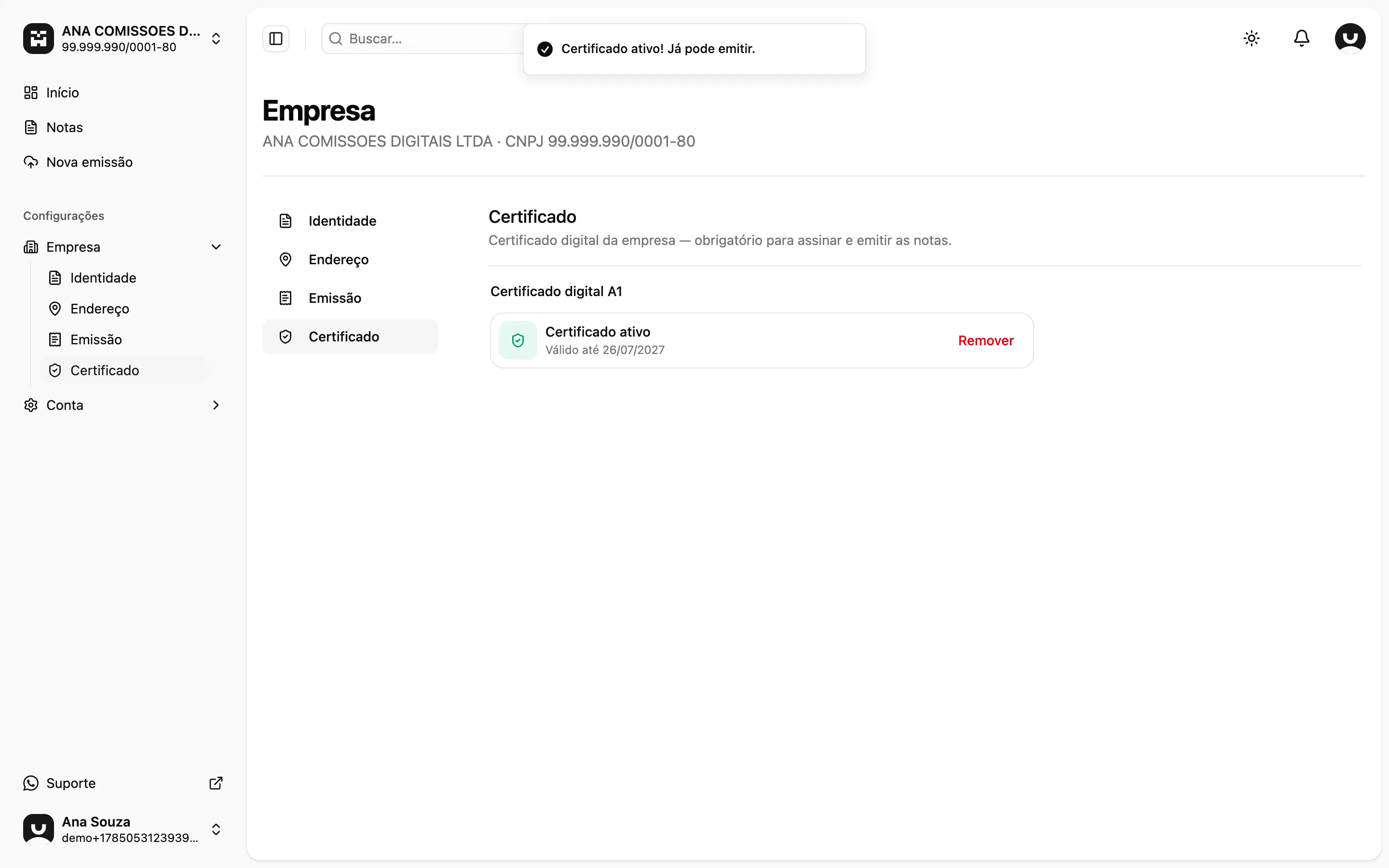 Tela Empresa, seção Certificado, mostrando o certificado digital A1 ativo, válido até 26/07/2027, e o aviso de que já pode emitir.