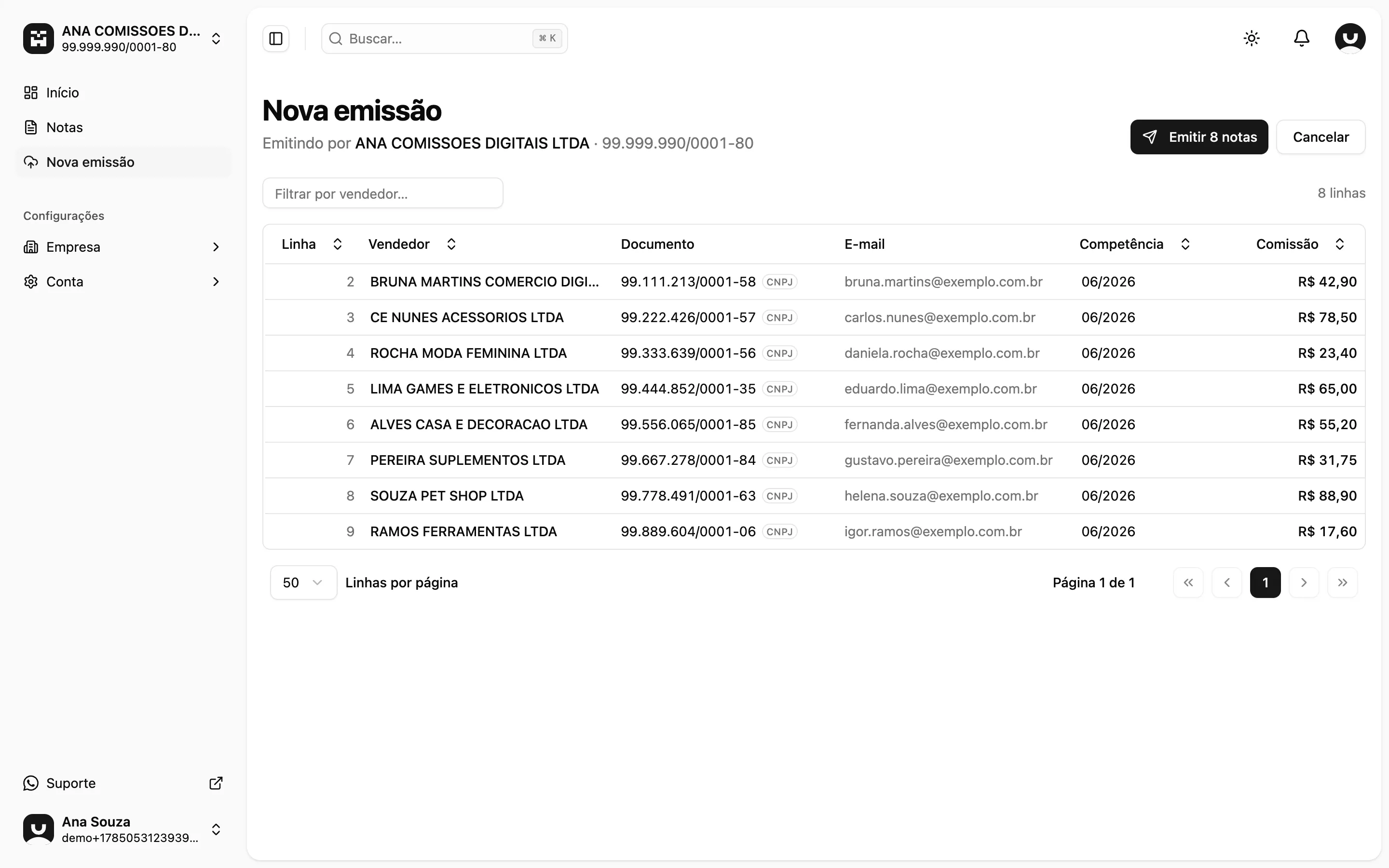 Tela Nova emissão com as oito linhas do relatório da Shopee conferidas, mostrando vendedor, CNPJ, e-mail, competência e comissão, e o botão Emitir 8 notas.