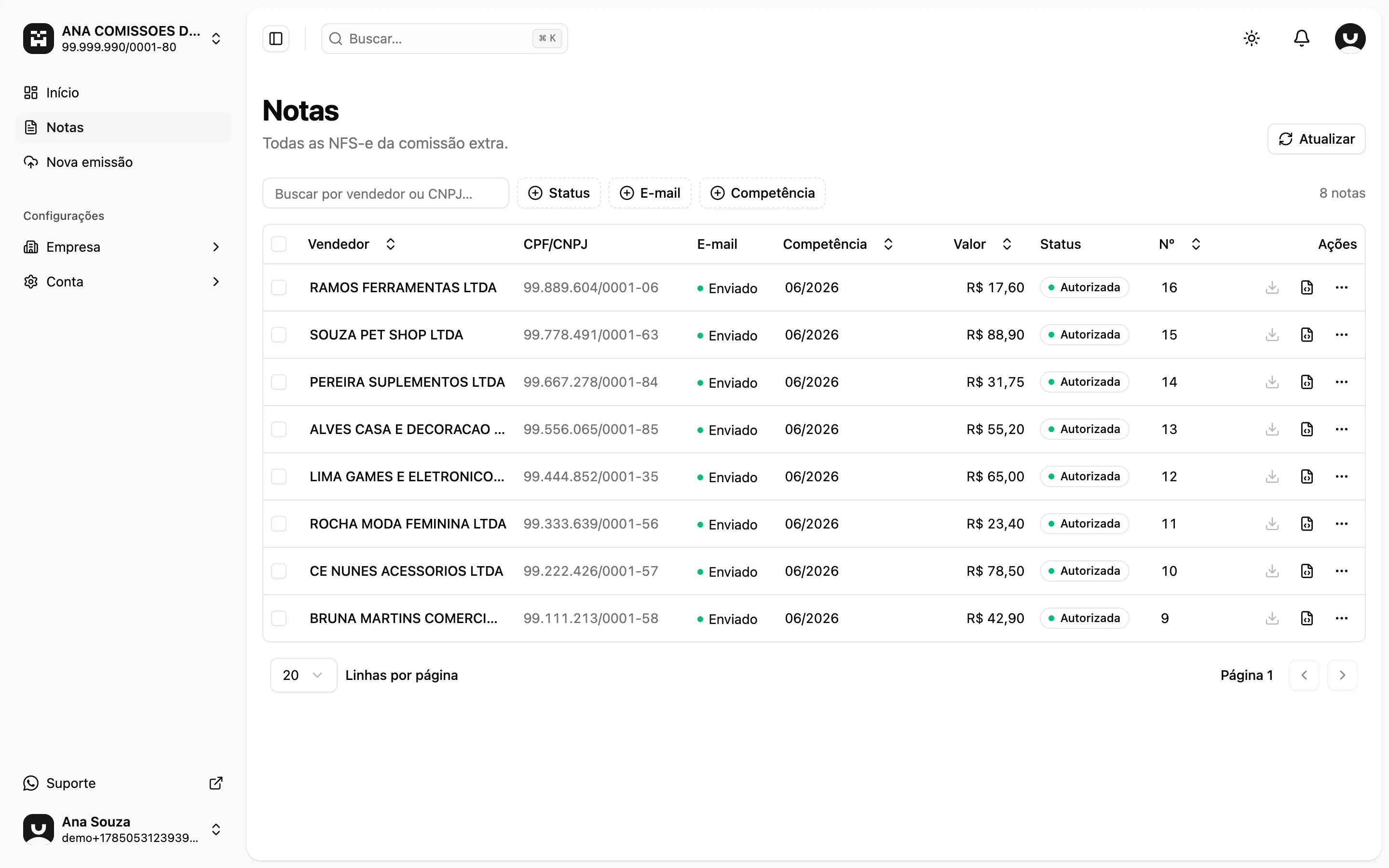 Tela Notas com as oito NFS-e autorizadas e numeradas, o status OK em cada nota e as ações de download do PDF e do XML.