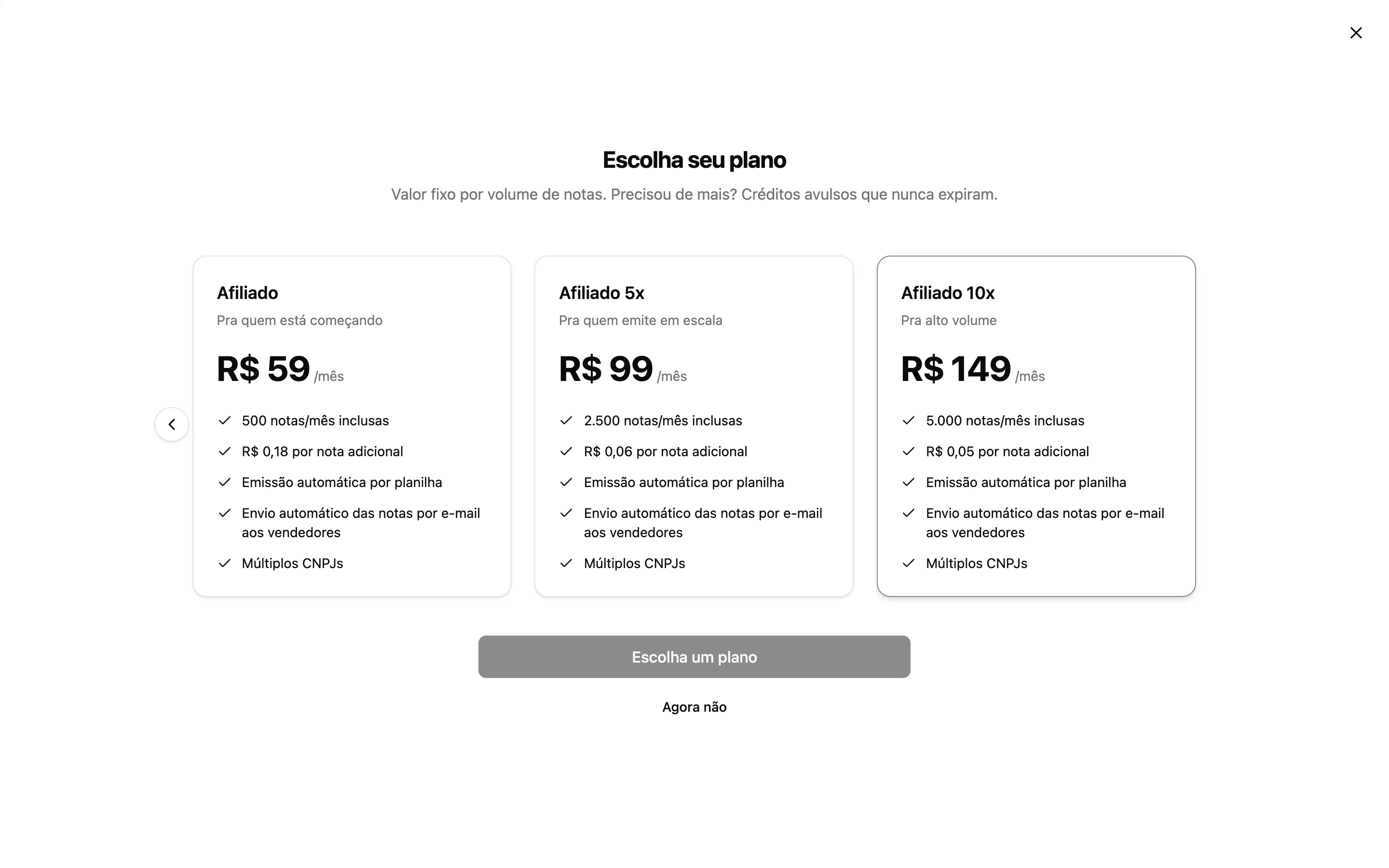 Tela Escolha seu plano do MandaNotas com os cards de plano, franquia de notas inclusas e preço por nota adicional.